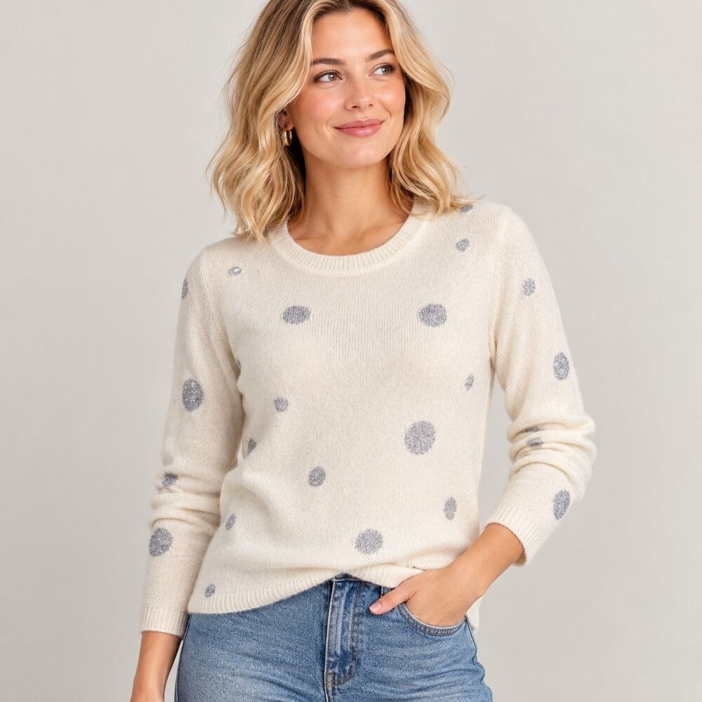 Quinn Cashmere Sparkle Polka Dot Sweater Cream Gray Medium Whimsical Knit